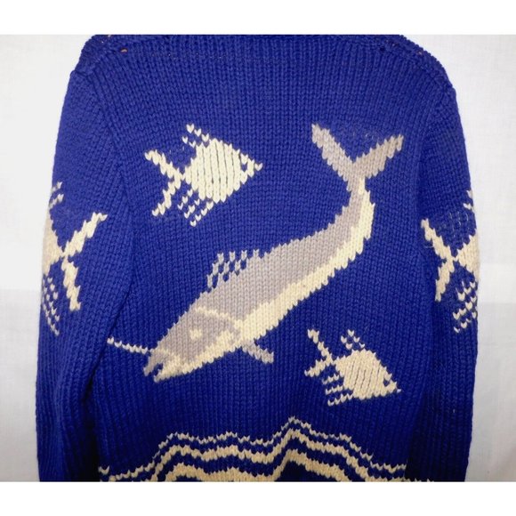 Vintage 50s 60s Cowichan cardigan Blue Whale Fish Wool Full Zip Sweater Jacket M - Picture 5 of 11